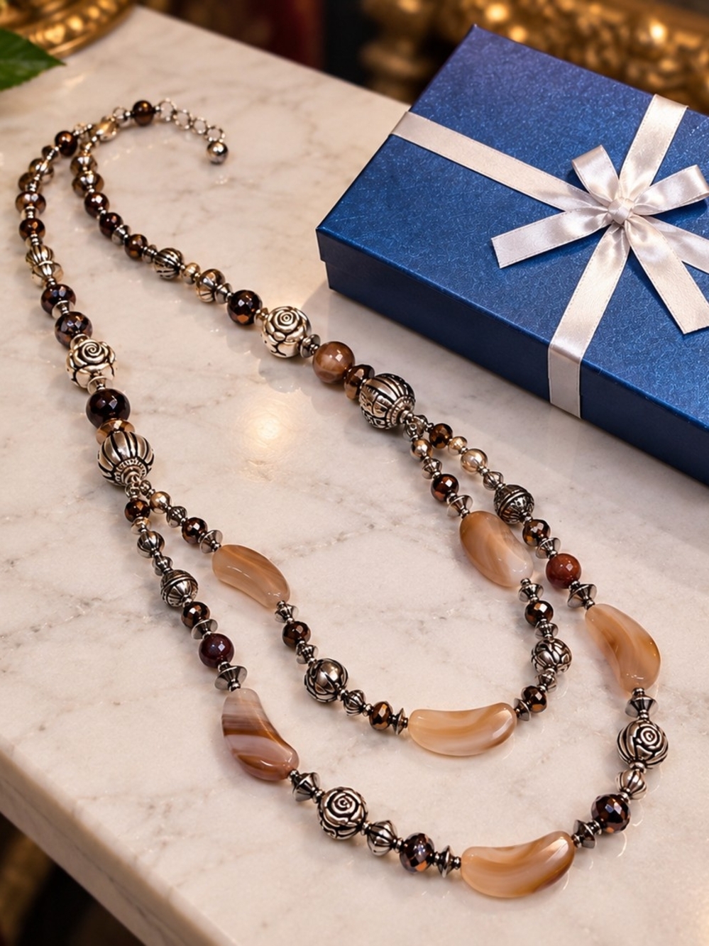 Vintage Natural Agate & Mixed Stone 33" Statement Necklace w/ Gift Box